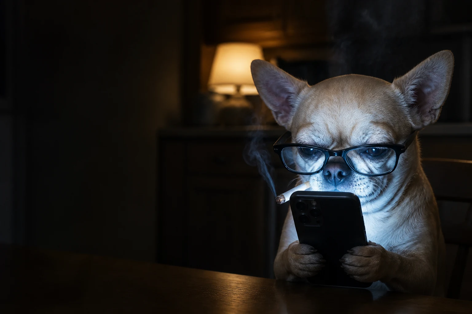 Unc Dog at the kitchen table at night